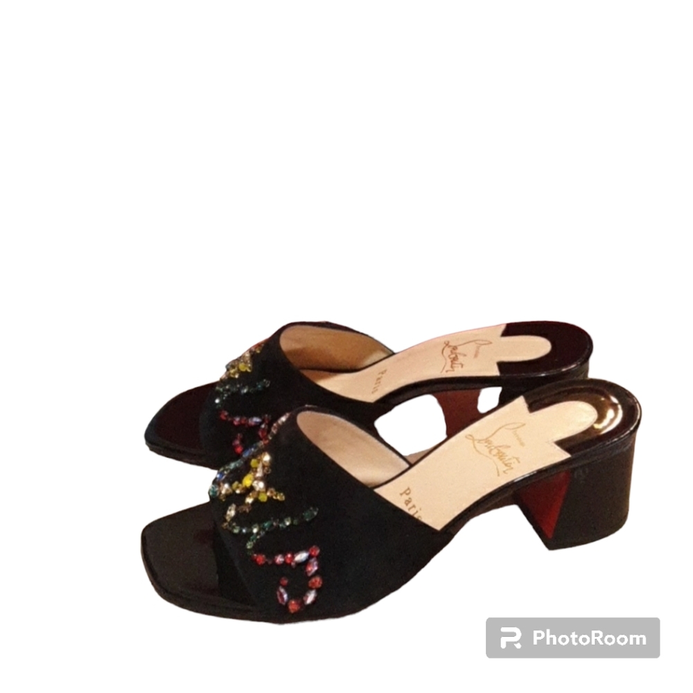 Christian Louboutin  Black Dear Paris 55 Crystal Beaded Chunk Heeled Sandals - Picture 3 of 11